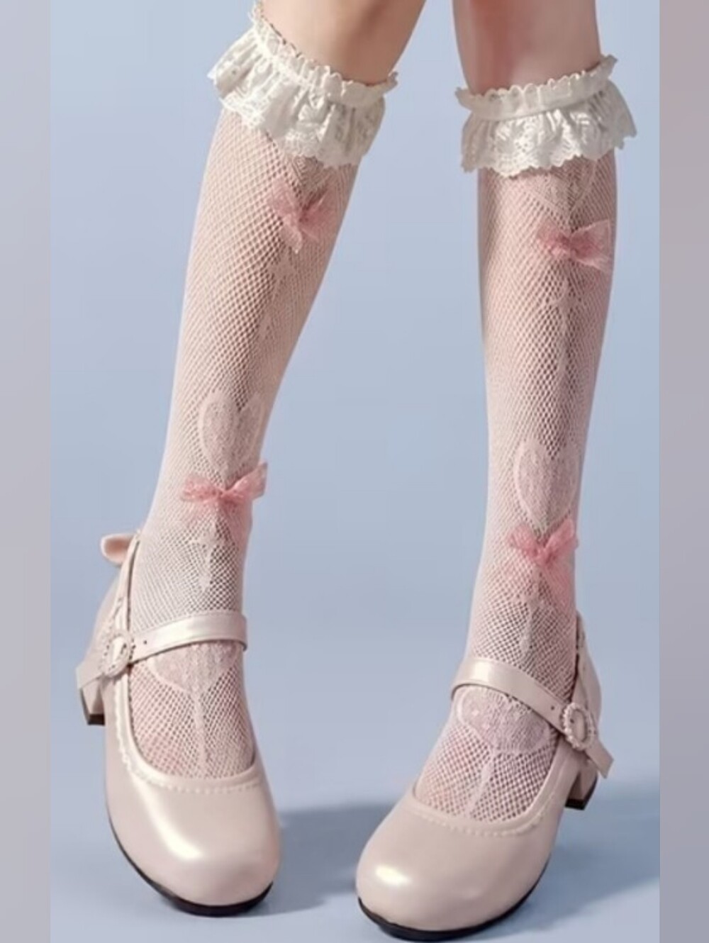 Lolita Style White Lace Ruffle Calf High Socks Frilly Sheer Lace Top Pink Bows